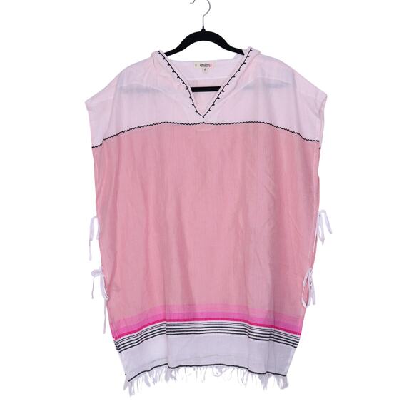 LEMLEM Zena Swim Cover Fringed Pink Stripe Hooded Tie Side Poncho Women's L - Picture 1 of 10